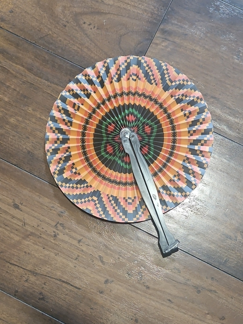 4 New Colorful Round Hand Fans - Orange, Black, Green Pattern